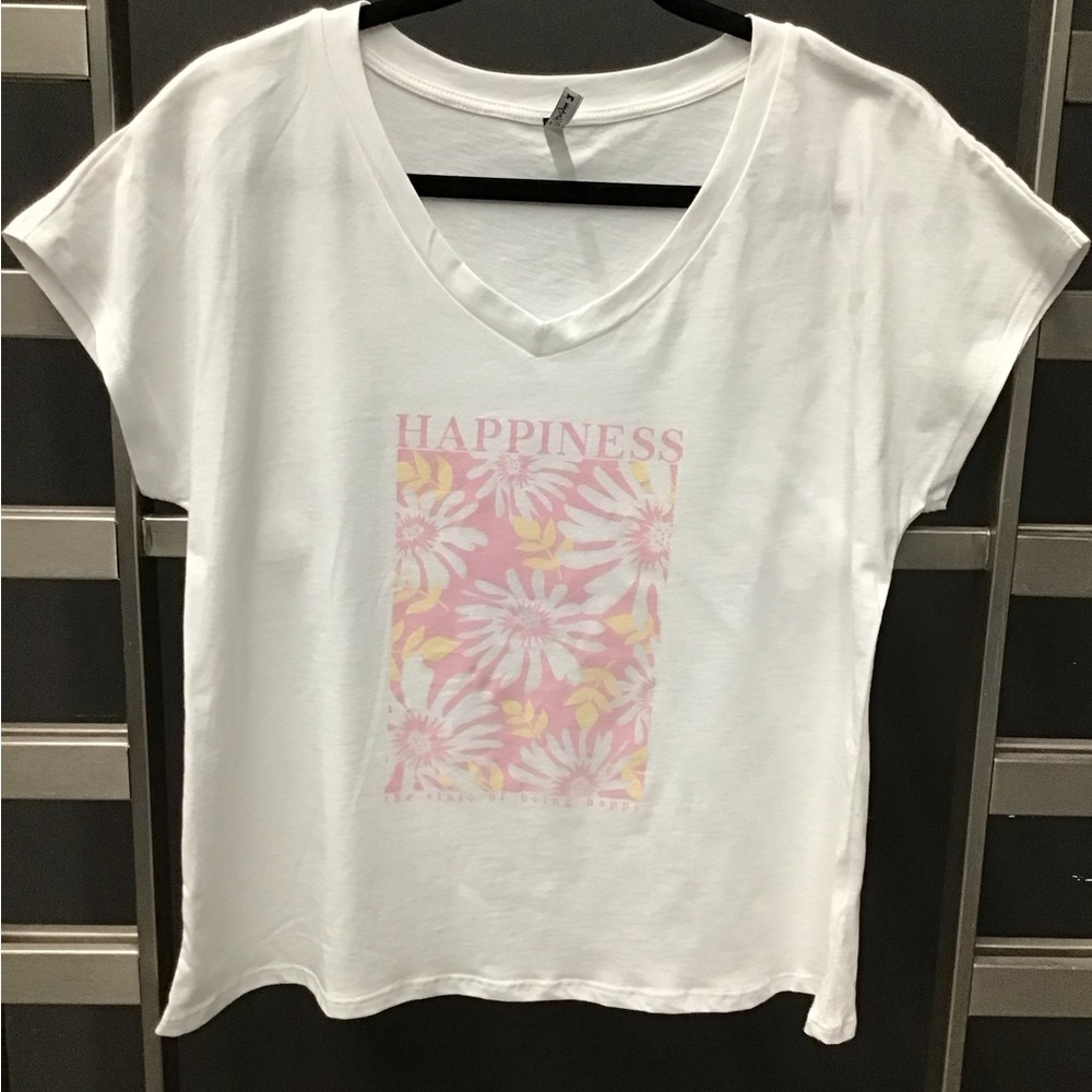 Women's White Graphic Tee "Happiness" with Pink Floral Design